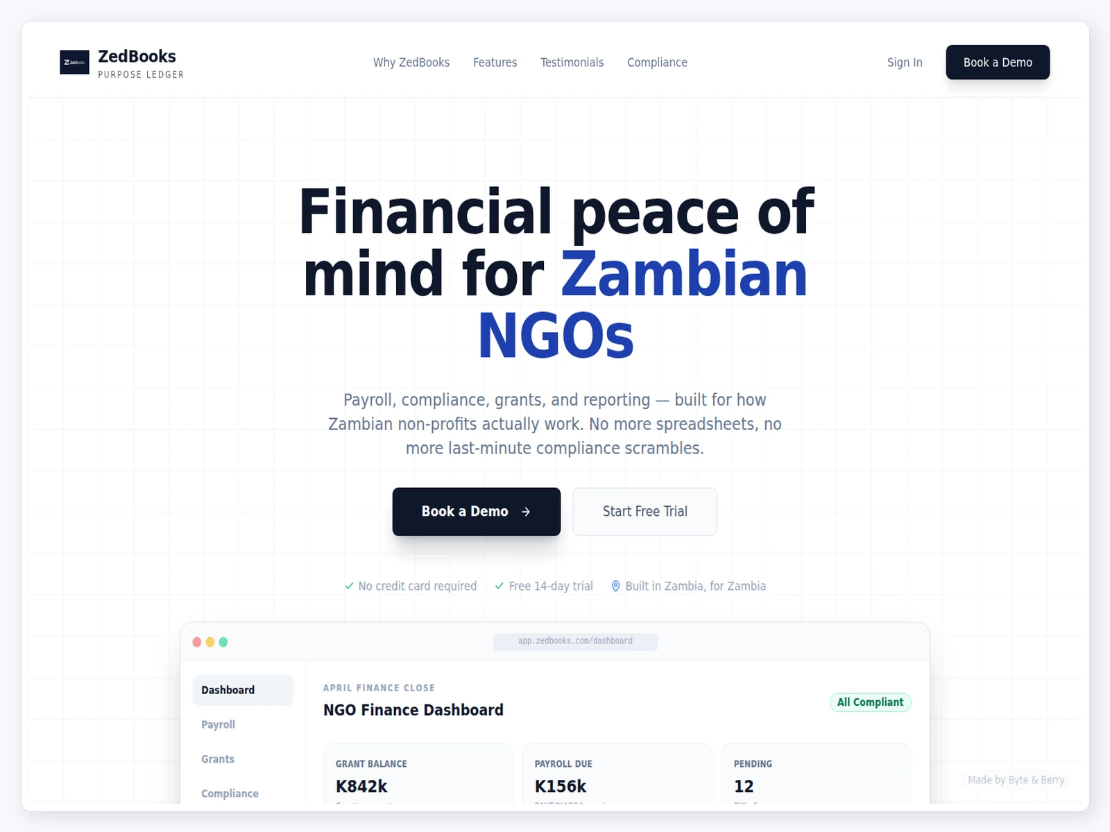 ZedBooks NGO accounting suite website hero section
