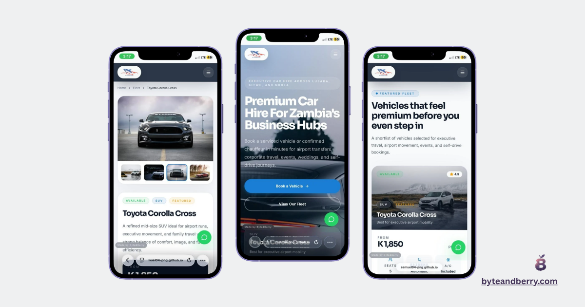 Shark Car Hire mobile screen collage